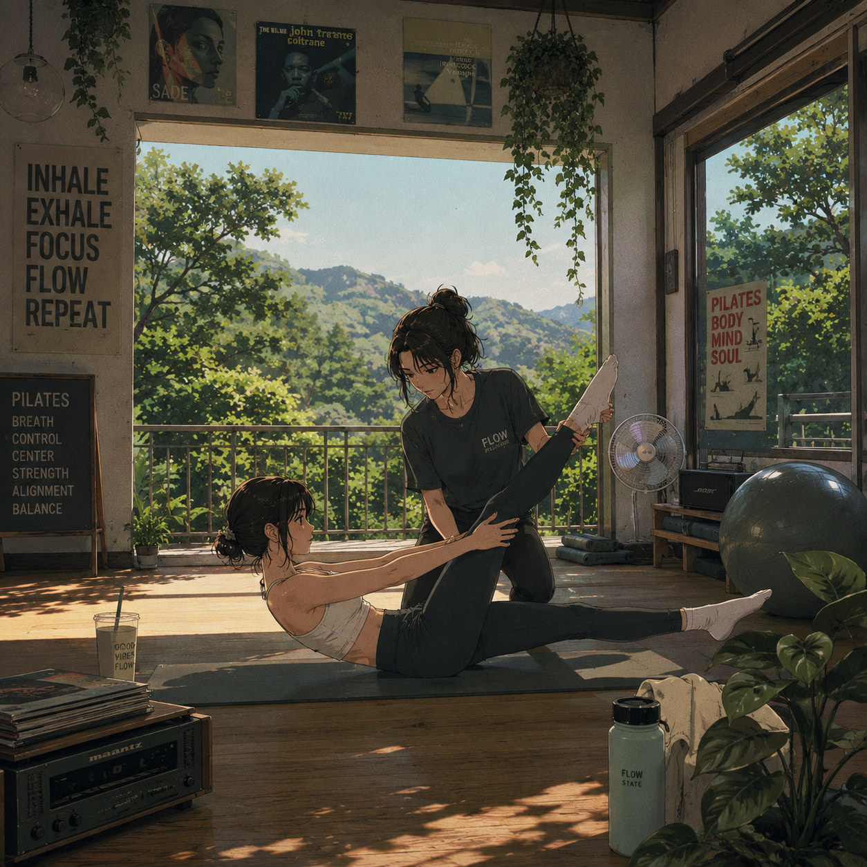 Two women practicing in Pilates, in a studio with large windows and greenery outside