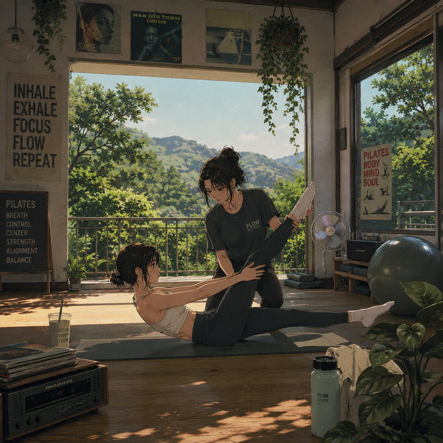 Two women practicing in Pilates, in a studio with large windows and greenery outside